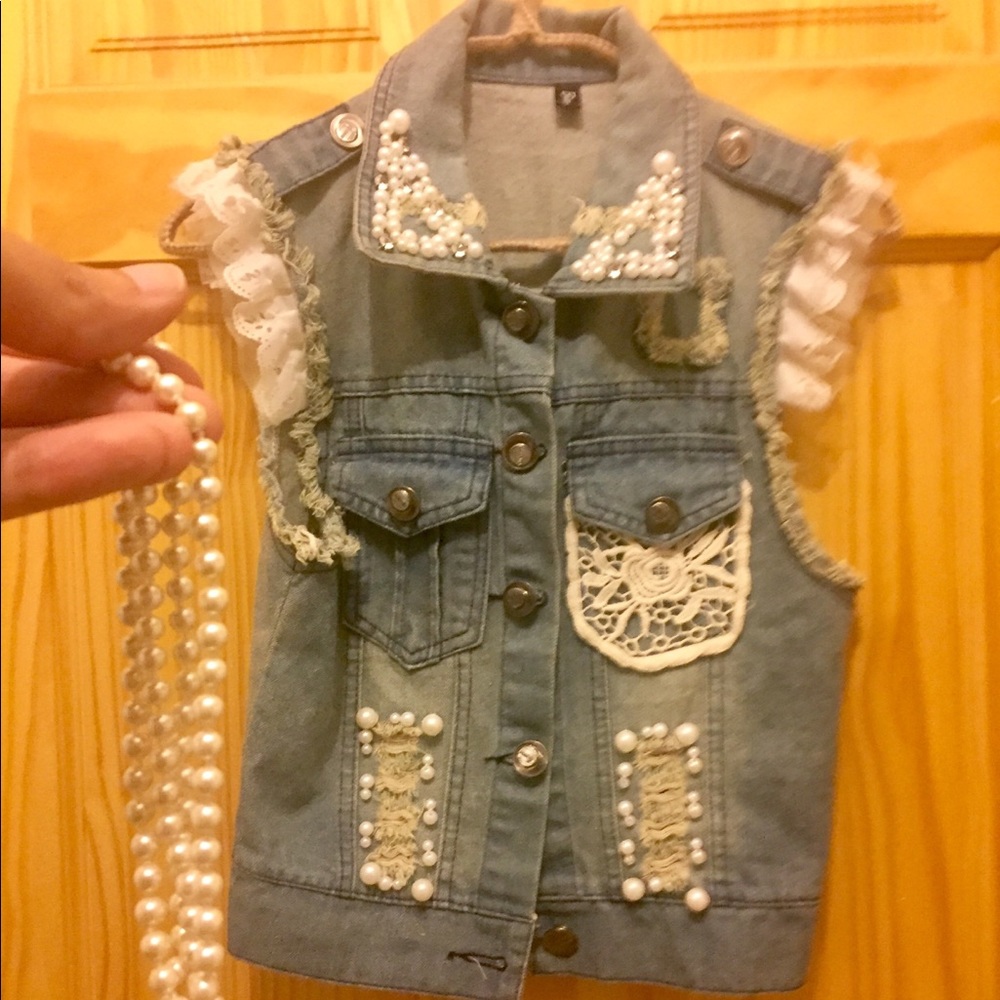 Denim Vest with Pearl & Crochet Appliqué